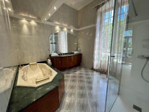 een badkamer met een bad, een wastafel en een douche bij Le Clos du Roc in Montlouis-sur-Loire