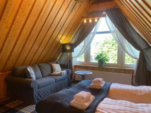 a room with a bed and a couch and a window at Apartamenty Miluchna in Zakopane