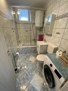 uma casa de banho com um WC e uma máquina de lavar roupa em Apartman Palac em Grude