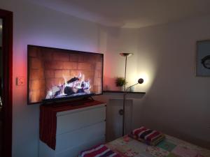 een slaapkamer met een tv aan de muur en een open haard bij Ser's Studio Orange in Maastricht
