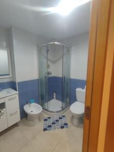 a bathroom with a shower and a toilet and a sink at Apartamento en primera línea de playa con vistas in Cabanes