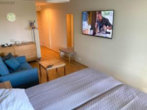 - une chambre avec un lit et une télévision murale dans l'établissement Sunny Aisa Apartment, à Pärnu