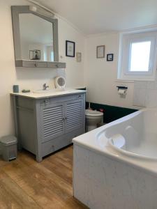 a bathroom with a tub and a sink and a toilet at Gîte des Jonchères in Brizambourg