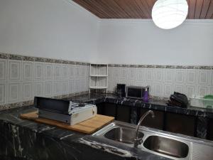 een keuken met een wastafel en een apparaat op een aanrecht bij Casa de Mármol in Riobamba