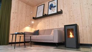 a living room with a couch and a fireplace at UplandParcs Sauerland in Winterberg