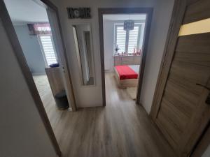 a hallway with a room with a bed and a mirror at Apartament Twoja Chwila in Stronie Śląskie