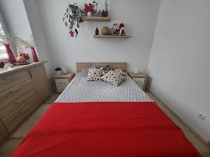 um quarto com uma cama com um cobertor vermelho em Apartament Twoja Chwila em Stronie Śląskie