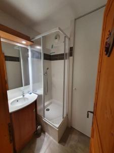 ein Bad mit einer Dusche und einem Waschbecken in der Unterkunft Chalet de la Grand Vy : Appart 6/7 personnes. in Valloire