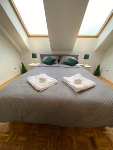 sypialnia z łóżkiem z dwoma ręcznikami w obiekcie Vlasic Apartmani CENTAR w mieście Vršac