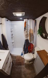 a small bathroom with a toilet and a shower at The Free Spirit Retreat in Newaygo