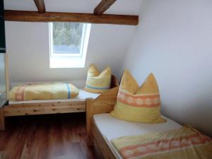 2 letti con cuscini in una stanza di Ferienhaus Felseneck Harz a Neuwerk