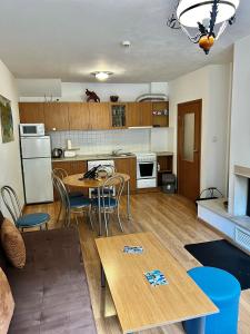 cocina y sala de estar con mesa y sillas en Christina Apartment in Laplandia, en Pamporovo