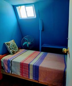 a blue room with a bed and a window at Backpackers House - Near The Airport in Santiago