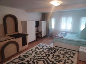 Dormitorio pequeño con cama y alfombra en Casa Bucovina Dorna Candrenilor, en Ascuţitele