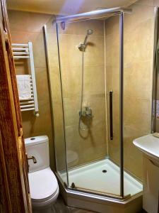 a shower in a bathroom with a toilet and a sink at Epic Meidan Hotel in Tbilisi City