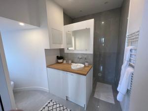een kleine badkamer met een wastafel en een douche bij Appartement 33 m2 comme une junior suite - vue Port et Palais des festivals in Cannes