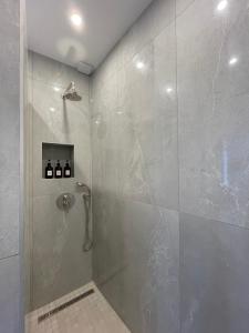een badkamer met een douche met een glazen deur bij Appartement 33 m2 comme une junior suite - vue Port et Palais des festivals in Cannes +13 foto's