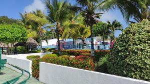 un jardin avec des palmiers et des fleurs dans un complexe dans l'établissement Cabaña 5 Castillo Club House, à Coveñas