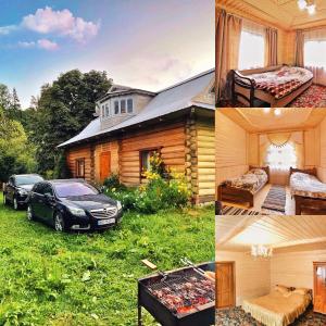 a collage of photos of a house with a car parked in the grass at Вершина Карпат in Krasnik