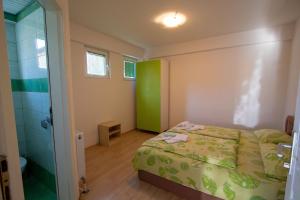 Dormitorio pequeño con cama y ducha en Villa In Apartments, en Ohrid