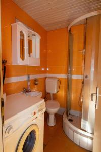 y baño con aseo, lavabo y ducha. en Villa In Apartments, en Ohrid