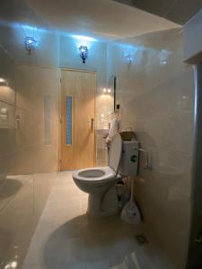 La salle de bains est pourvue de toilettes et d'une douche avec des lumières bleues. dans l'établissement Tourma House, à Taghazout