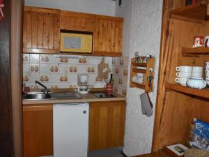 プラローニャン・ラ・ヴァノワーズにあるStudio Pralognan-la-Vanoise, 1 pièce, 4 personnes - FR-1-464-50の小さなキッチン(木製キャビネット、白い冷蔵庫付)