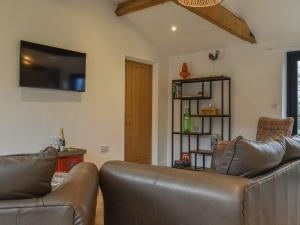 a living room with a leather couch and a television at Post Box Lodge in Dickleburgh