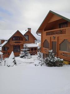 domek z bali i śniegiem na ziemi w obiekcie Вілла Олекси w mieście Schodnica