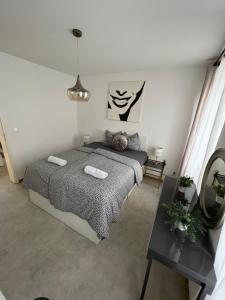 a bedroom with a bed and a table at Appartement neuf, centre-ville, 400m de rivetoile in Strasbourg