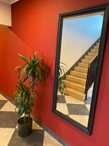 een spiegel aan een muur naast een trap met een plant bij Modern Central Apartment HOTEL in Keyla