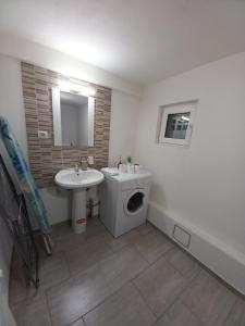 a bathroom with a sink and a toilet and a mirror at Perfekte Rast in Sibiu +31 photos