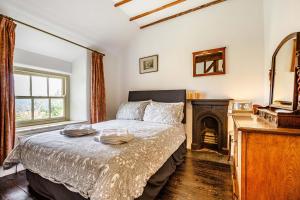 1 dormitorio con 1 cama y chimenea en Pant Yr Iwrch, en Conwy