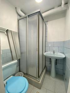 y baño con ducha, aseo y lavamanos. en Hostal Dolegant Pichilemu 2, en Pichilemu