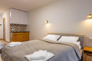 Tempat tidur dalam kamar di GARDA - Breakfast included in the price Restaurant Free Parking Mountain view Kitchen in the apartment separate entrance