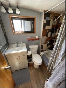 Lava Hideout Cabins في لافا هوت سبرينغس: حمام مع مرحاض ومغسلة وحوض استحمام