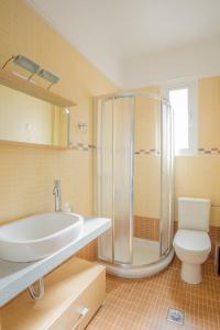 a bathroom with a shower and a sink and a toilet at Lefkothea Apartments in Nikiana