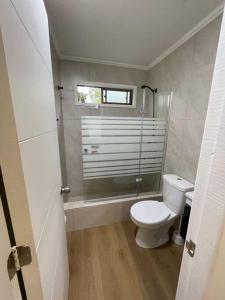 La salle de bains est pourvue de toilettes et d'une douche en verre. dans l'établissement Casa nueva de playa 3D 2B, à El Quisco