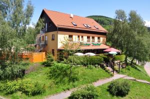 una casa grande en una colina con jardín en Steakhouse & Pension Crazy Horse, en Suhl