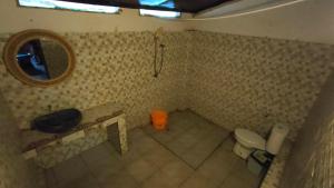 a small bathroom with a toilet and a mirror at Dua Nina 2 Guesthouse in Gili Trawangan
