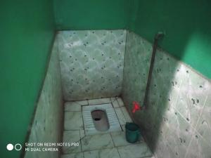 uma pequena casa de banho com WC numa parede verde em Yatri niwas home stay em Varanasi