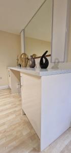 a kitchen with a counter with sculptures on it at Lily Pad by Paymán Club in Royston