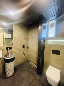 baño con aseo y cubo de basura en Woodlands Apartment- Fully furnished Luxury Apt, en Jodhpur