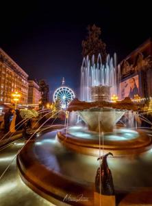 a fountain at night with a ferris wheel in the background at Timisoara Central in Timişoara