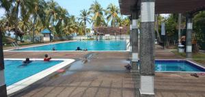 een groep mensen die zwemmen in een zwembad bij ZNA Prop d Seri Bulan Resort,PD in Port Dickson