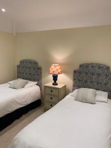 1 dormitorio con 2 camas y mesita de noche con lámpara en Elmo Lodge en Salcombe