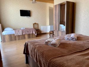 una camera d'albergo con due letti e uno specchio di Gudauri Hillsite a Gudauri