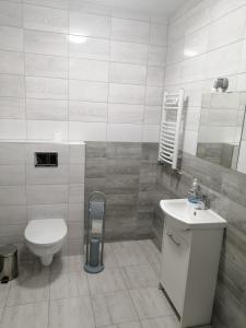 a white bathroom with a toilet and a sink at Noclegi u Eugenii in Licheń Stary