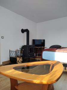 a room with a table and a bed and a stove at Apartmán Bystré in Bystré