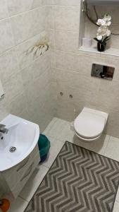 ein Badezimmer mit einem weißen WC und einem Waschbecken in der Unterkunft Apartment elit Bishkek in Bischkek